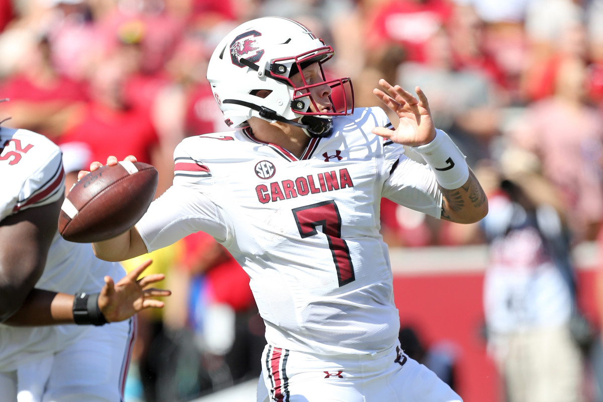 Sep 10, 2022; Fayetteville, Arkansas, USA; South Carolina Gamecocks quarterback Spencer Rattler (7) drops back to pass in the first quarter against the Arkansas Razorbacks at Donald W. Reynolds Razorback Stadium. Credit: Nelson Chenault-USA TODAY Sports